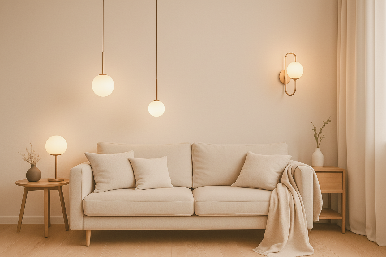 Modern living room with beige sofa, pendant lights, and wall sconces.